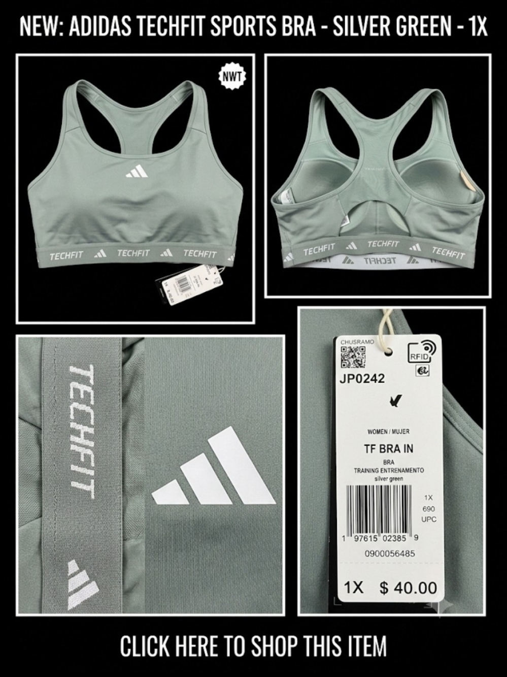 adidas Techfit Training Sports Bra - Silver Green